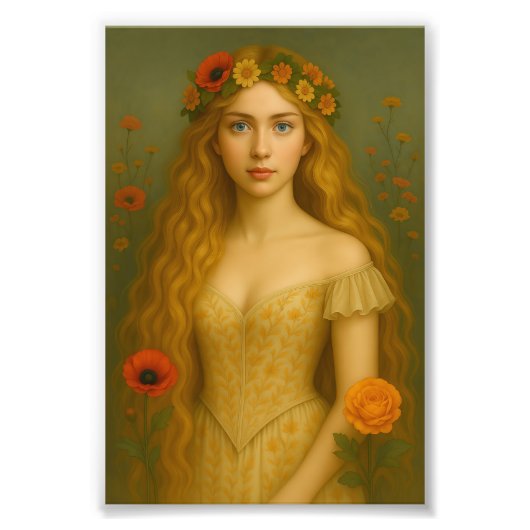 "Goldenes Mädchen mit Blume Crown - Elegant Ro Fotodruck (Vorne)