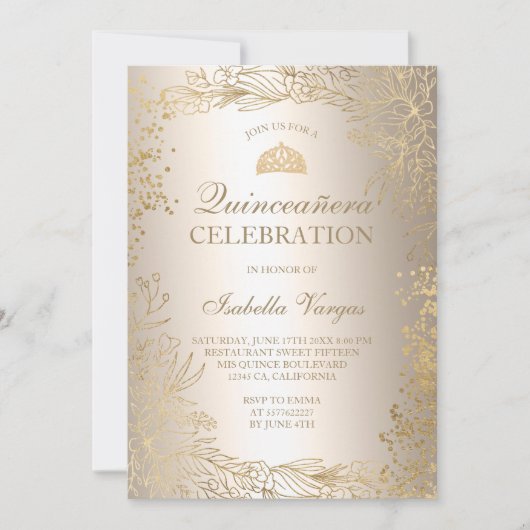 Goldenes, metallisches Foto Tiara chic Quinceañera Einladung (Vorderseite)