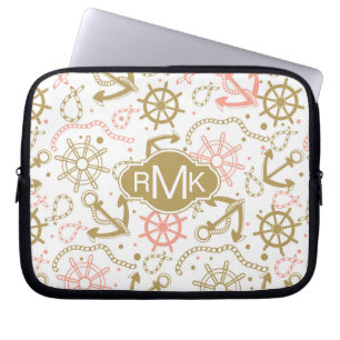 Goldenes Monogramm des Anker-Muster- Laptopschutzhülle