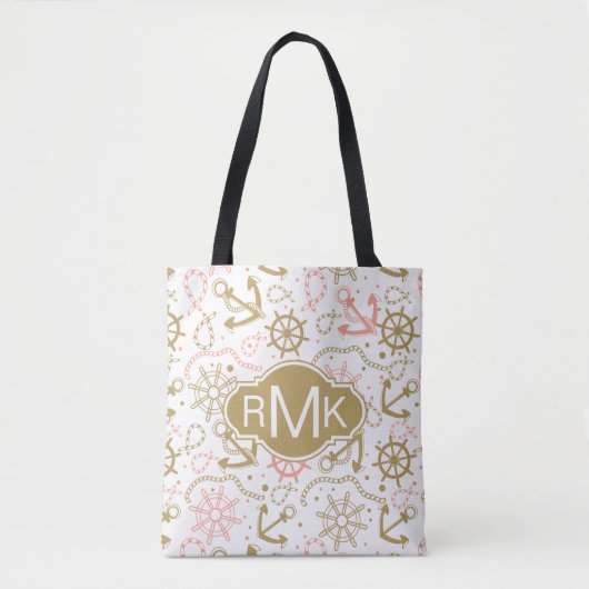Goldenes Monogramm des Anker-Muster-| Tasche (Vorderseite)