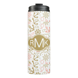 Goldenes Monogramm des Anker-Muster- Thermosbecher