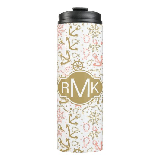Goldenes Monogramm des Anker-Muster-| Thermosbecher (Vorderseite)
