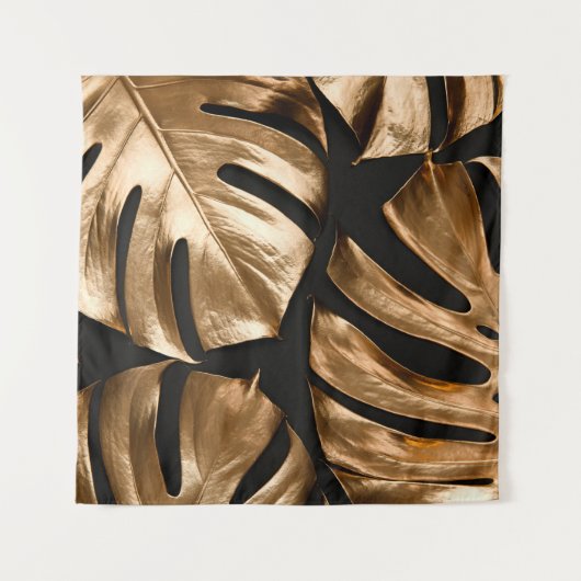 Goldenes Monstera-Blattmuster Wandteppich (Vorderseite)