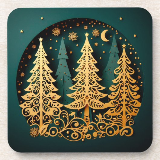 Goldenes Nachtwäldchen – Weihnachtsbaum-Muster Getränkeuntersetzer (Vorderseite)