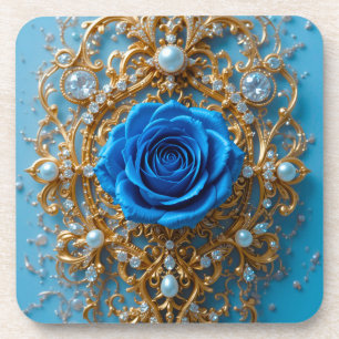Goldenes Ornament mit blauer Rose und Perle Getränkeuntersetzer