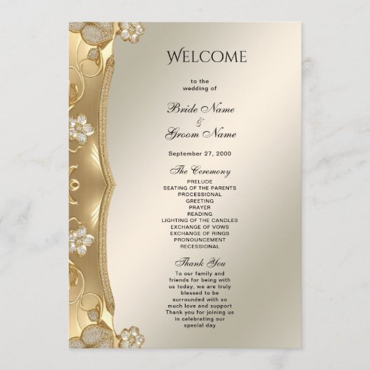 Goldenes, ornamentales Hochzeitsprogramm mit Blume Programm (Vorderseite)