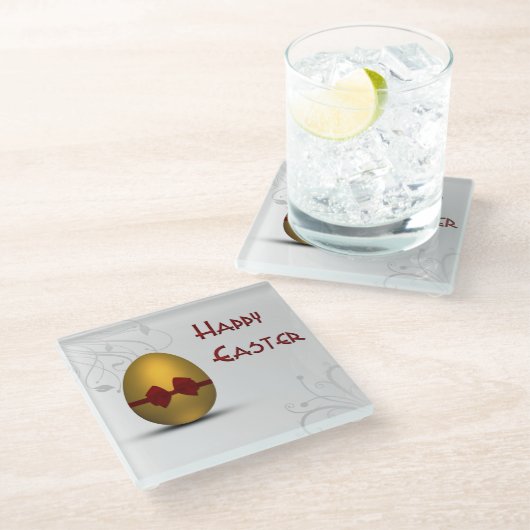 Goldenes Ostereier mit braunem, floralfarbenem Mus Glasuntersetzer (Schrägansicht)