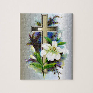 Goldenes Osterkreuz und weiße Lilly-Blume Puzzle