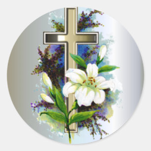 Goldenes Osterkreuz und weiße Lilly-Blume Runder Aufkleber