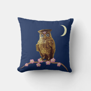 Goldenes Owl, Blume und Halbmond auf dem Navy Blue Kissen
