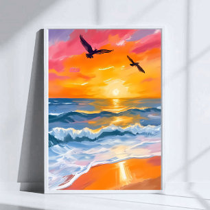 Goldenes Ozean-Sonnenuntergang-Aquarell-Strandbild Poster