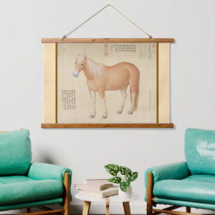 Goldenes Palomino-Pferd - Vintage chinesische Kuns Wandteppich Mit Holzrahmen