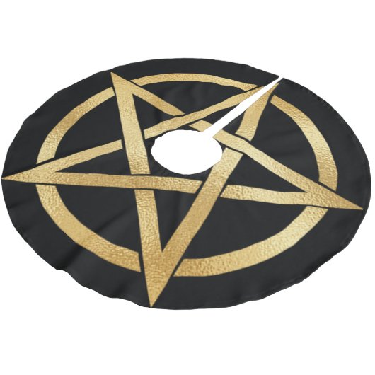 Goldenes Pentagramm auf schwarz Polyester Weihnachtsbaumdecke (Schrägansicht)