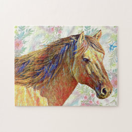 Goldenes Pferd auf Blumenmuster Puzzle