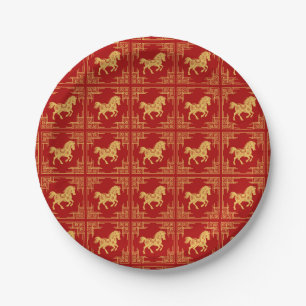 Goldenes Pferd Griechisches Ornament Rahmen Rot Pappteller