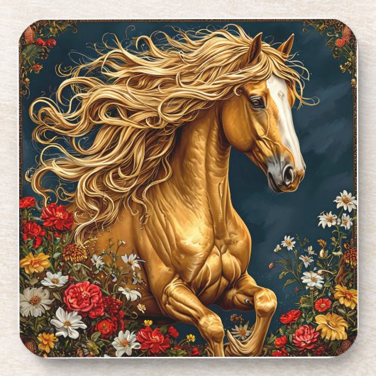 Goldenes Pferd mit blühender Mane Getränkeuntersetzer (Vorderseite)