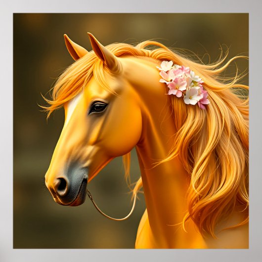 Goldenes Pferd mit blühender Mane Poster (Vorne)