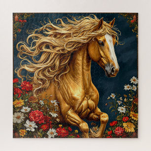 Goldenes Pferd mit blühender Mane Puzzle