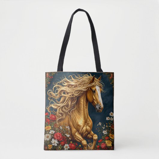 Goldenes Pferd mit blühender Mane Tasche (Vorderseite)
