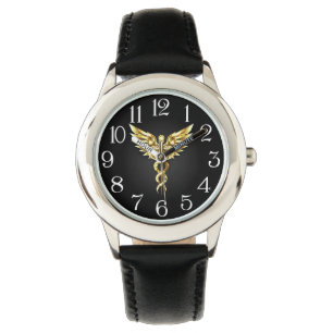 Goldenes polygonales Symbol Caduceus Armbanduhr