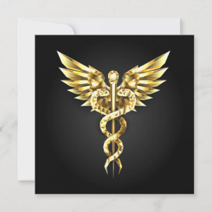 Goldenes polygonales Symbol Caduceus Mitteilungskarte