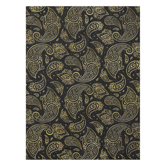 Goldenes prägeartiges Paisley-Muster auf Schwarzem Tischdecke (Vorderseite)