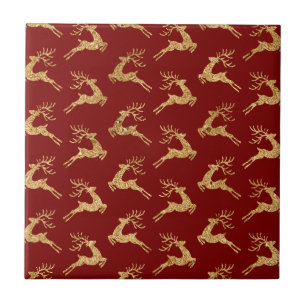 Goldenes Rentier-Muster auf Rot – Elegantes Weihna Fliese