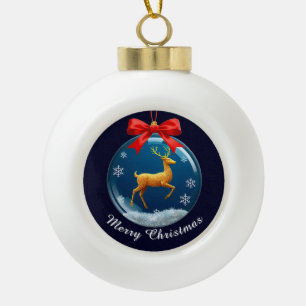 Goldenes Rentier-Ornament mit roter Schleife Keramik Kugel-Ornament