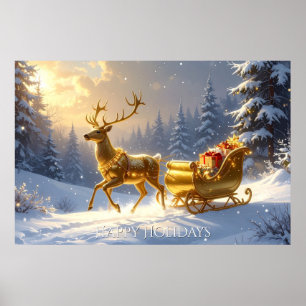 Goldenes-Rentiere-Goldener-Schlitten-Feiertagsplak Poster