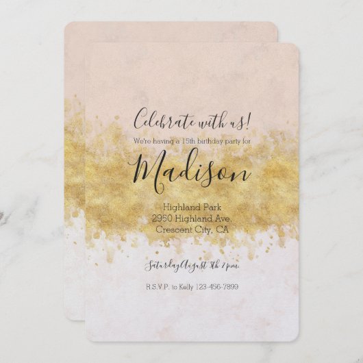 Goldenes Rosa Aquarellfarben Einladung (Vorne/Hinten)