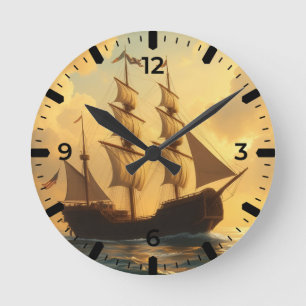 Goldenes Schiff Runde Wanduhr