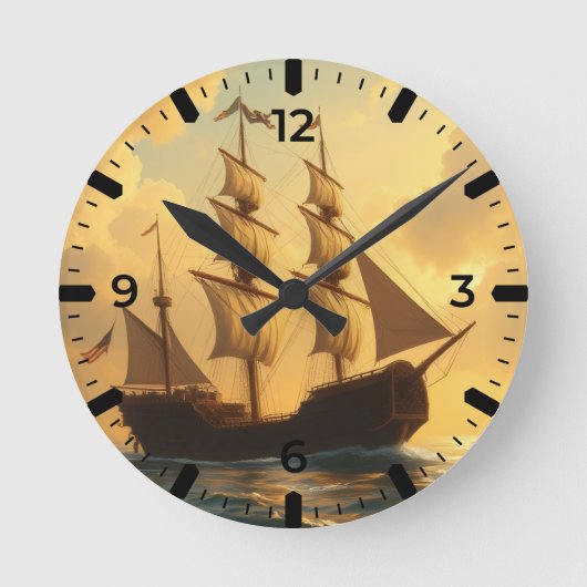 Goldenes Schiff Runde Wanduhr (Vorderseite)