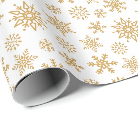 Goldenes Schneeflocken-Muster im weißen Hintergrun Geschenkpapier (Rolleneckpunkt)
