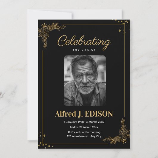 Goldenes Schwarzes Beerdigungsprogramm, Beerdigung Einladung (Vorderseite)