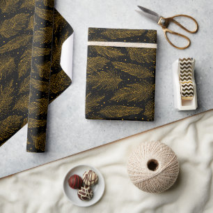 Goldenes schwarzes Vintage-Feder-Muster Geschenkpapier