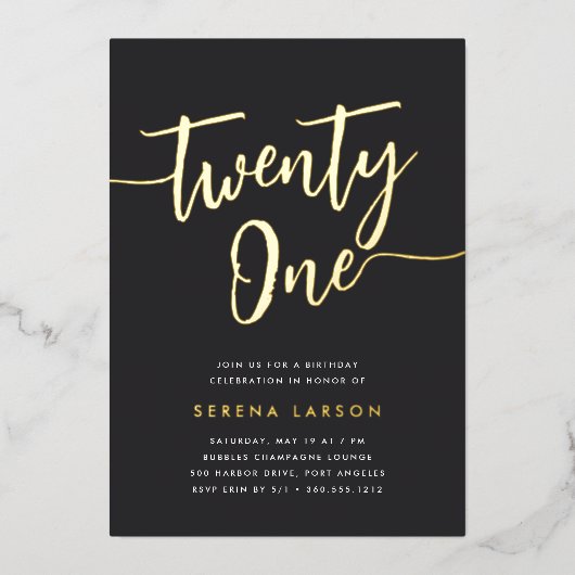 Goldenes Script 21. Geburtstag Party Folieneinladung (Vorderseite)