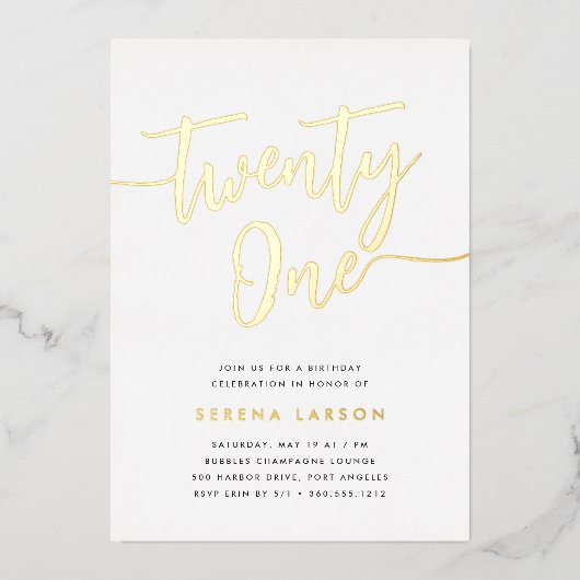 Goldenes Script 21. Geburtstag Party Folieneinladung (Vorderseite)