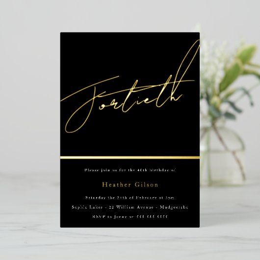 Goldenes Script 40. Geburtstag Party Gold Folieneinladung (Stehend vorne)