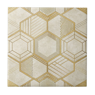 Goldenes Sechseck Geometrisches Creme-Marmor-Muste Fliese