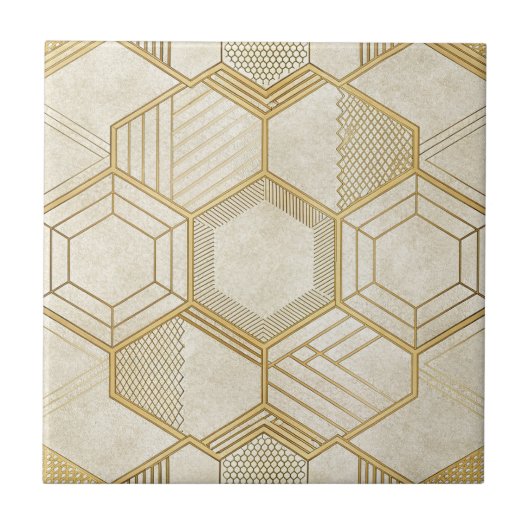 Goldenes Sechseck Geometrisches Creme-Marmor-Muste Fliese (Vorderseite)