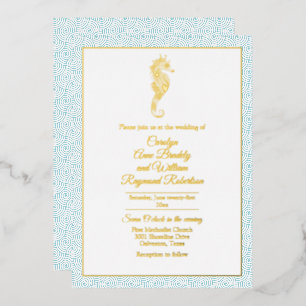 Goldenes Seepferd mit Aqua-Rahmen Hochzeit Folieneinladung