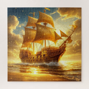 Goldenes Segelschiff auf Sonnenuntergang Puzzle