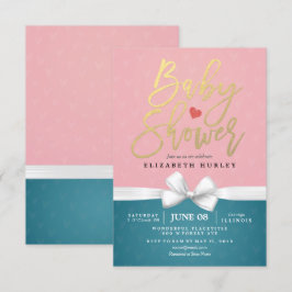 Goldenes Skript und weißes Ribbon Pink Blue Baby D Einladung