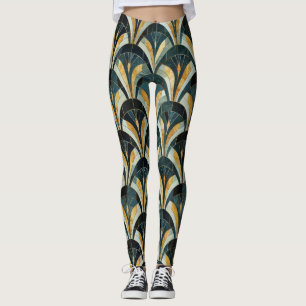 Goldenes Smaragd Art Deco Fächer Muster Leggings