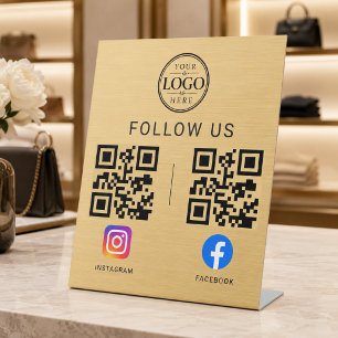 Goldenes Social-Media-QR-Code-Tablett-Display Sockelschild