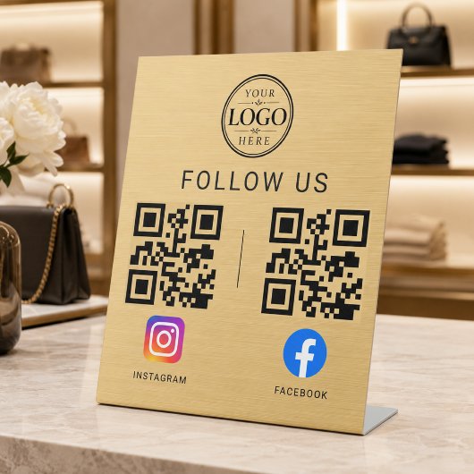 Goldenes Social-Media-QR-Code-Tablett-Display Sockelschild