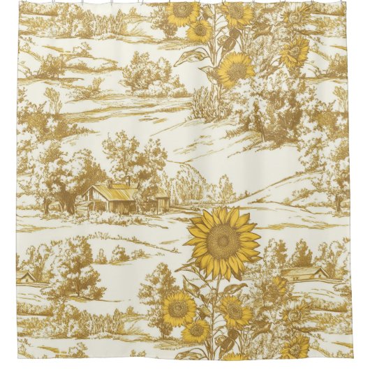 Goldenes Sonnenblumen-Sommerhäuschen-Muster Duschvorhang (Vorderseite)