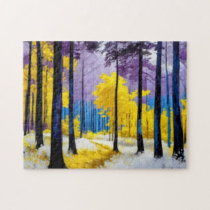Goldenes Sonnenlicht auf dem Lila Waldweg Puzzle