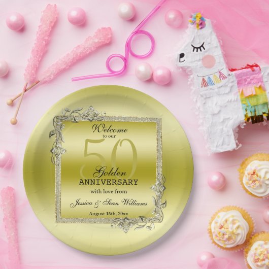 Goldenes Spiel & Glitzer 50. Hochzeitsjubiläum Pappteller (Party)