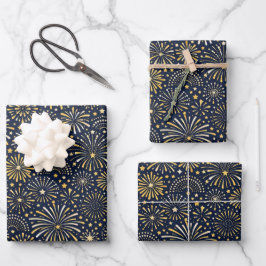 Goldenes Sternenexplosions-Feuerwerk-Muster Geschenkpapier Set